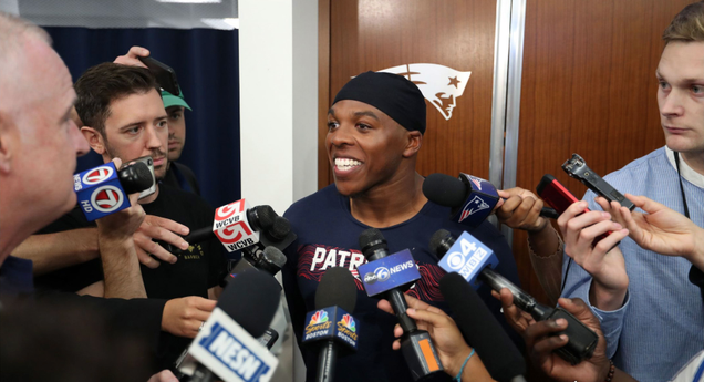 An interview session in the New England Patriots locker room